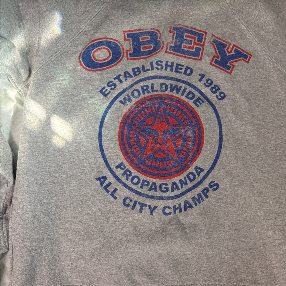 Obey Gray Sweatshirt with Red and Blue Logo